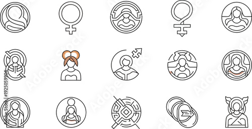 Diverse collection of stylized line icons representing various aspects of womanhood identity mythology and the female gender symbol