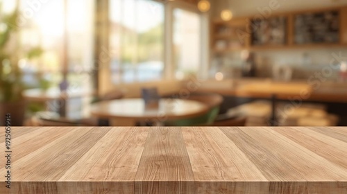 The background image at the bottom is a wooden plank, and the backdrop is a restaurant.