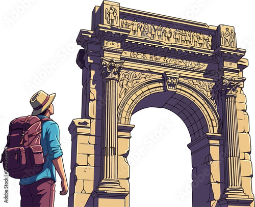 Awestruck history enthusiast admiring the intricate carvings of a colossal ancient roman triumphal arch during a cultural heritage tour