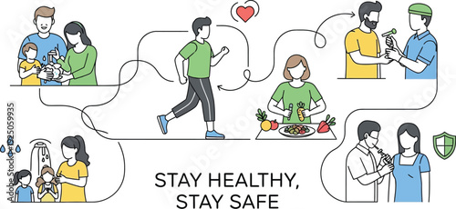 Visual representation illustrating essential public health measures including handwashing exercise proper nutrition vaccination testing and general safety tips for community well-being