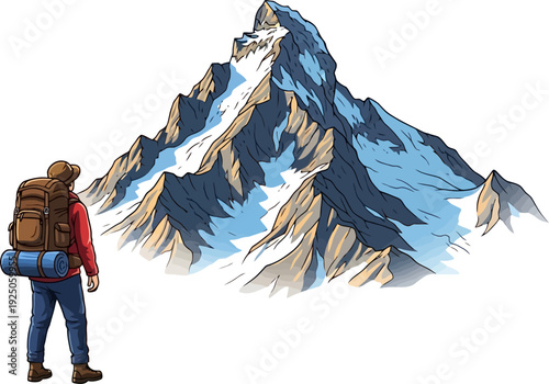 Awe-struck mountaineer looking up at a massive snow-capped peak during a challenging winter trekking expedition illustration