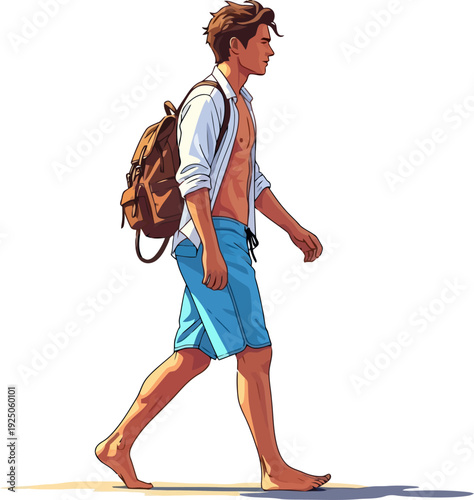 Carefree summer traveler walking barefoot along a sunny path carrying a rustic leather backpack illustration