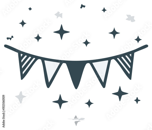 Hand-drawn bunting flags with twinkling stars and confetti for festive celebrations and party decorations