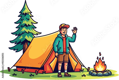 Cheerful adventurer offering a friendly wave from his campsite featuring a bright orange tent and a small fire