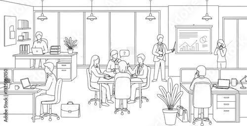 Busy modern open office workspace featuring diverse employees collaborating during meetings and working individually at desks with city views