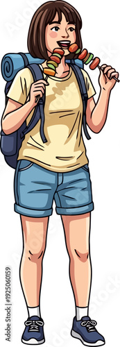 Cheerful traveler savoring a delicious grilled skewer during a street food tour