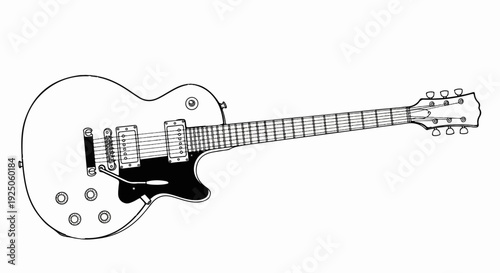 Detailed black and white line art drawing of an electric guitar on white