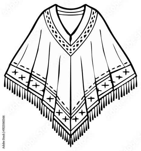 Poncho with Fringes and Traditional Ornamentation Black and White Illustration