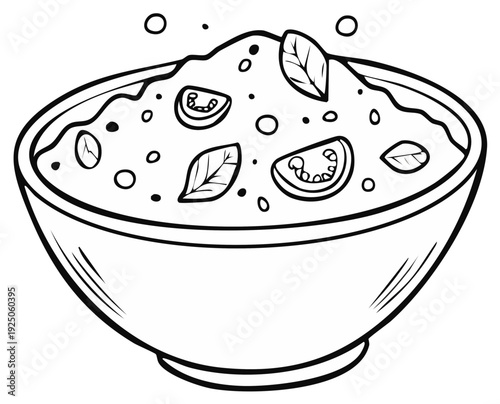 Bowl of fresh salad with basil and tomato slices, monochrome line art.