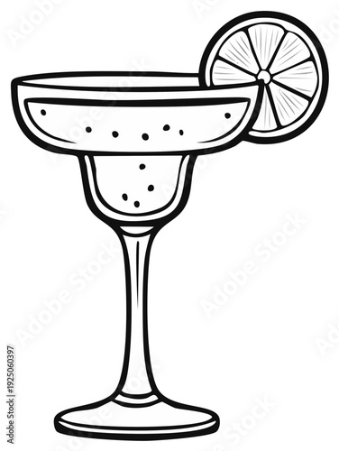 Margarita Cocktail Illustration: Black and White Line Art Drawing of Citrus Drink with Lime Slice
