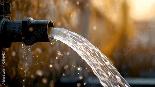 Clear Water Flowing from Metal Pipe into Outdoor Environment with Sunlit Droplets and Natural Bokeh