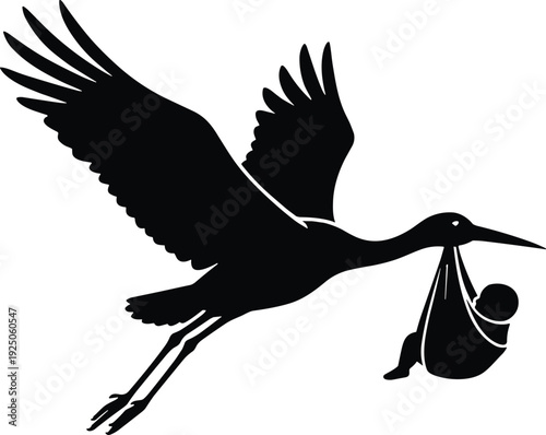 Stork silhouette illustration, flying bird carrying baby bundle folklore childbirth new beginnings symbolic design vector artwork, lifestyle and family theme, isolated background