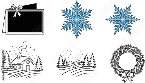 Six holiday-themed graphic elements a framed card, two snowflakes, a snowy house, a winter landscape, and a wreath