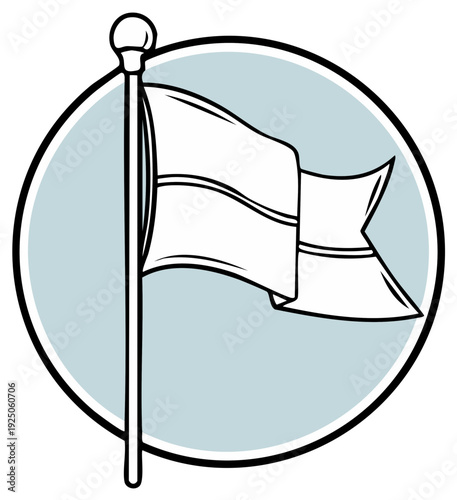 White flag waving on a pole inside a circular frame with outline
