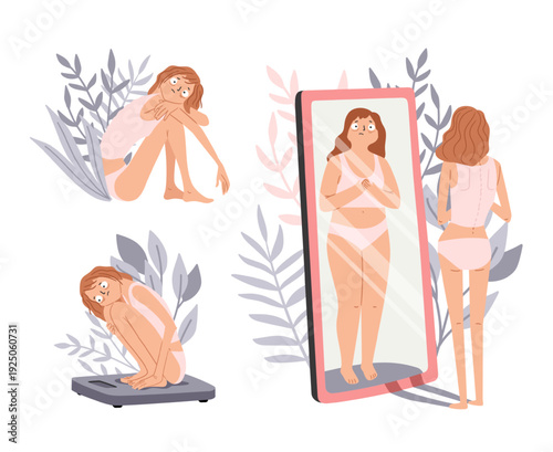 Body shaming vector illustration. Anorexia girl is unhappy with her reflection in the mirror and big weight. Poor eating habits and disorders