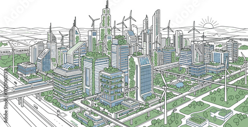 Futuristic green city skyline featuring vertical gardens wind turbines integrated sustainable architecture and modern transportation systems at sunrise