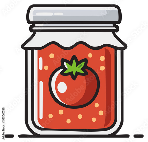 Canned tomato sauce in glass jar with tomato label for illustration or recipe use