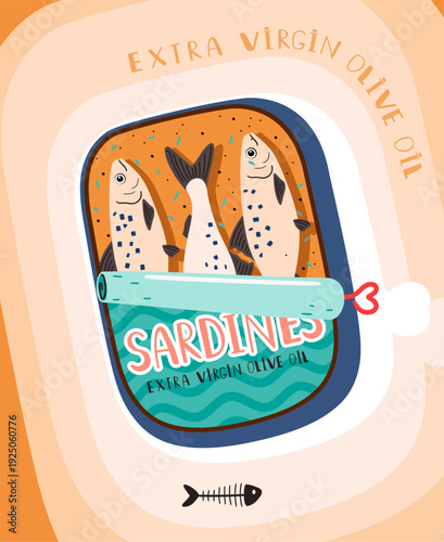 Cartoon sticker of sardines can. Colorful canned fish. Seafood vector illustration