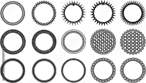 Set of Decorative Round Frames, Ornamental Circle Borders, Nautical Rope Patterns, Celtic Knot Mandalas, Floral Wreath Elements, Black Ink Vector Illustration  

