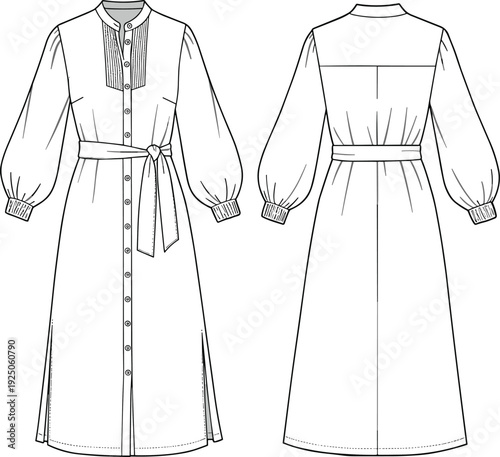 Flat fashion technical sketch of women's belted shirt dress with front pleats, cuffed sleeves, buttoned placket, and side slit design