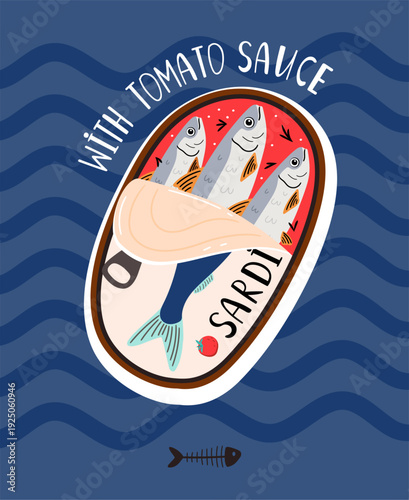 Colorful canned sardines. Seafood vector illustration. Cartoon sticker of Fish can