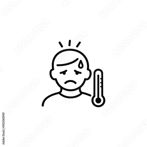 Influenza fever icon sad sick person with high temperature thermometer black and white vector illustration