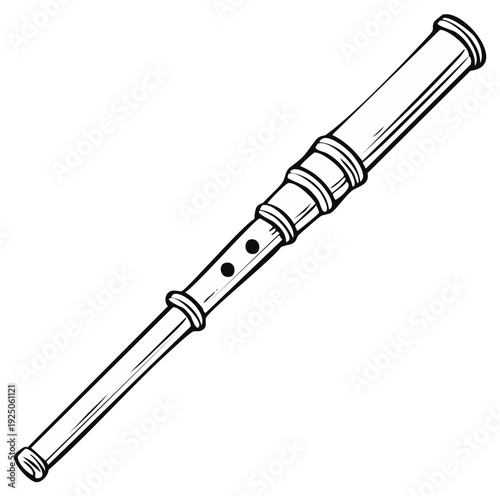 Hand-drawn illustration of a simple wooden recorder instrument with finger holes