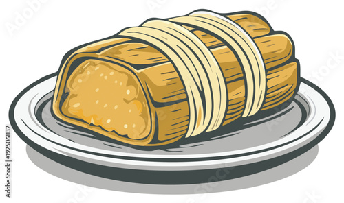 Cartoon Illustration of a Wrapped Tamale on a Plate