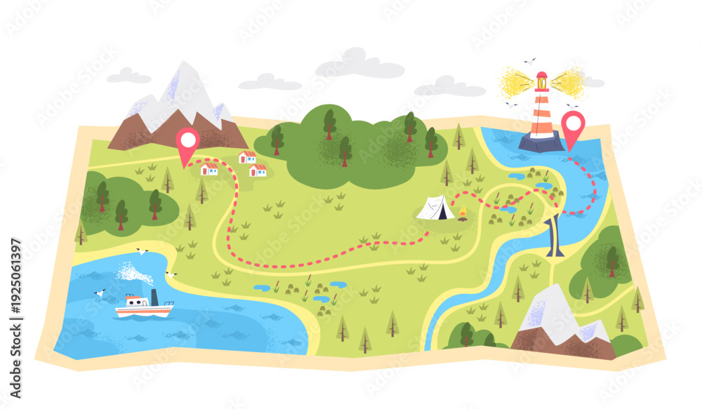 Naklejka premium Hiking trail map. Mountain trekking path forest nature expedition travel route lighthouse camp tent adventure journey track way tour guide tourist orienteering vector illustration