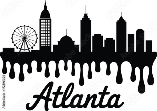 Stylized Atlanta city skyline silhouette with skyscrapers, Ferris wheel, dripping paint effect, bold cursive script, modern urban architecture illustration vector for design