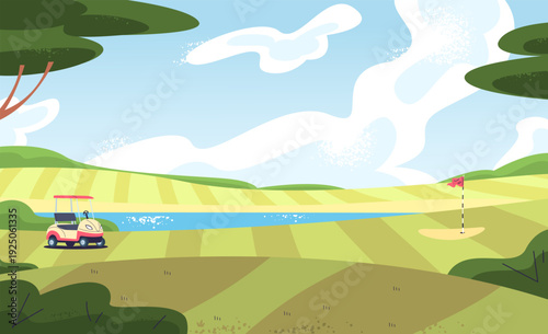 Golf course landscape. Field green grass for golfer championship, golfing court ground with flag hole cart sport game summer scene background wallpaper cartoon vector illustration