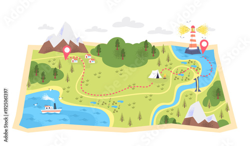 Hiking trail map. Mountain trekking path forest nature expedition travel route lighthouse camp tent adventure journey track way tour guide tourist orienteering vector illustration