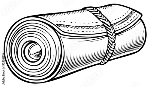 Rolled-up sleeping pad camping gear sketch isolated on white background