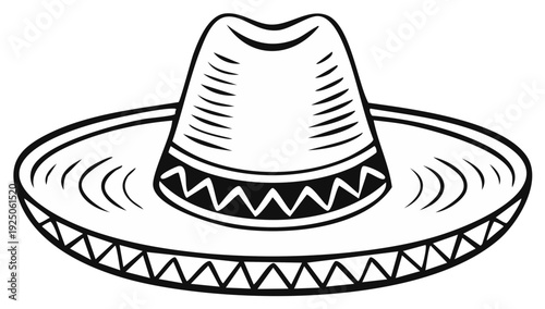 Detailed line drawing of traditional Mexican sombrero with a large brim and decorated crown in black and white