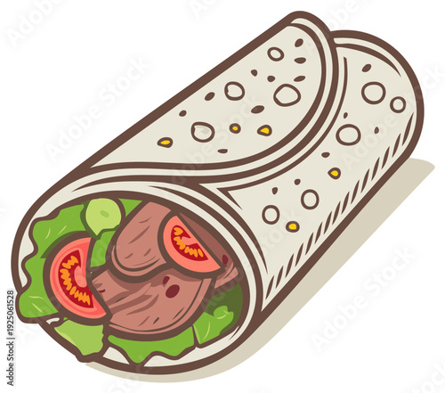 Hand Drawn Delicious Shawarma Wrap with Meat Lettuce and Tomatoes Isolated
