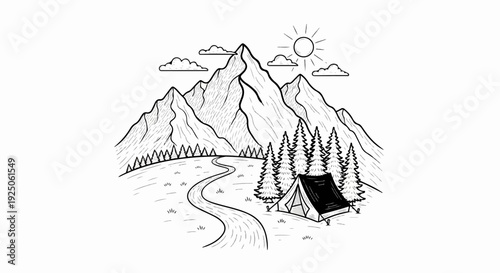 A sketched mountain scene with a tent and winding path under a sunny sky