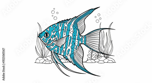 A striking angelfish with blue and white patterns swims in a simple aquatic scene