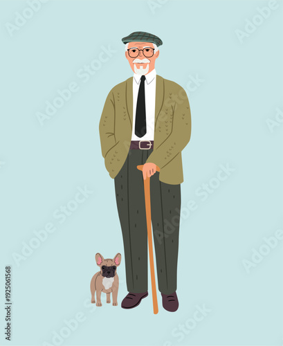 Kind grandpa with a little dog. Beauty of age. Full-length fashion senior man