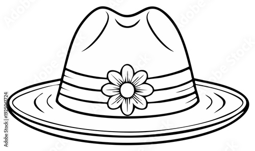 Cartoon fedora hat with floral decoration, vintage accessory outline