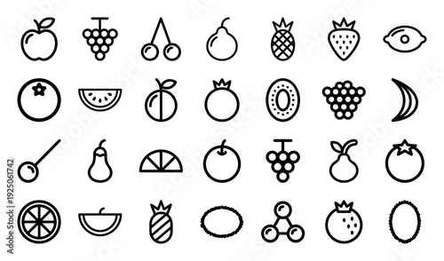 Organic fruit and healthy nutrition line icons for culinary apps and grocery branding. Minimalist monoline pictograms featuring orchard harvest and tropical produce elements.