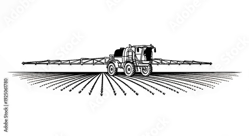 Agricultural sprayer applying liquid to cultivated rows of young crops