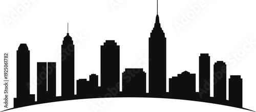 Stylized black city skyline silhouette with skyscrapers and spires, panoramic curved base, modern urban architecture illustration for design, landmark vector art representation