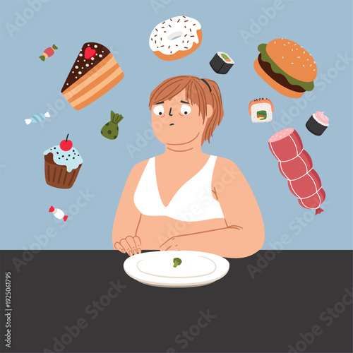 Sad overweight woman on a diet with small broccoli on a plate. Dreams about unhealthy food and sweets. Vector illustration of weight loss