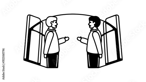 Two individuals interacting through an open doorway, standing facing each other in a simple line art illustration
