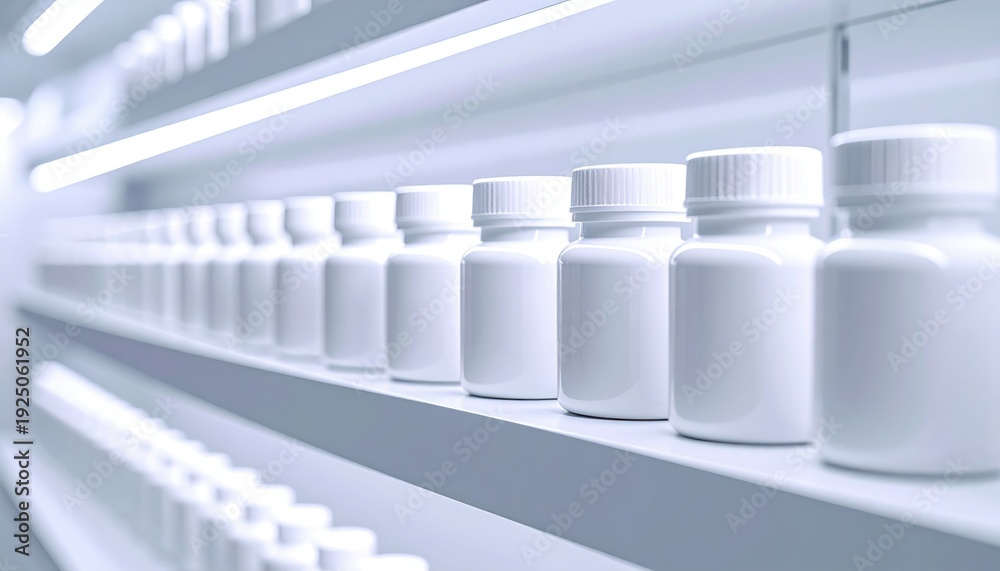 Obraz premium FlyPro Firefly Rows of Identical Small White Pill Bottles Lined Up Perfectly on a Shelf, Realistic Photography Style
