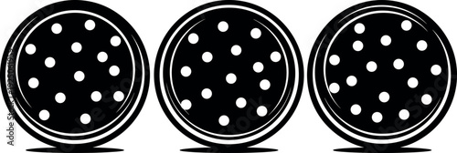 Set of three minimalist black pizza icons with white toppings on a flat background for modern food delivery app design