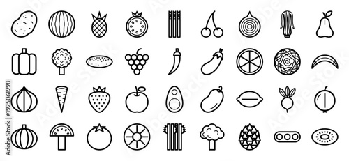 Fresh organic produce and healthy lifestyle line icons for nutritional apps. Minimalist monoline pictograms featuring various fruits, vegetables, and superfoods.