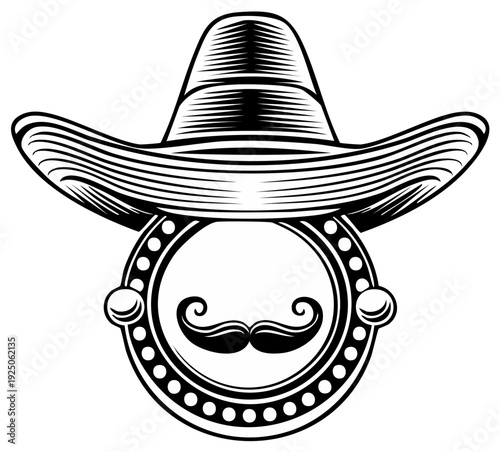 Mexican culture symbol with sombrero hat and mustache inside a circular frame in a graphic black and white style