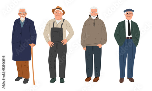 Set of elderly different men. Collection of cute grandfathers. Beauty of senior age old people
