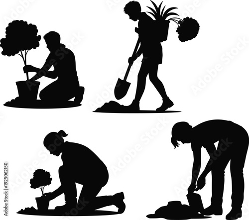 Flat vector silhouettes of people gardening activities planting shrubs digging soil carrying plants with shovel tools minimalist outdoor illustration design
